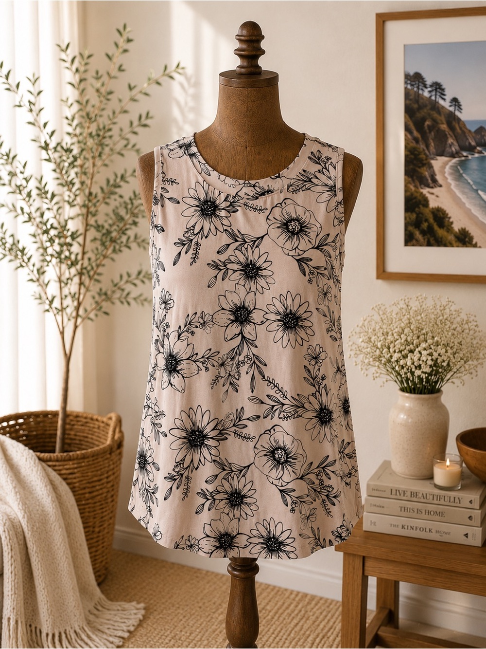 Sampeel Floral Sleeveless Blouse Size L Soft Pink Black Botanical Top